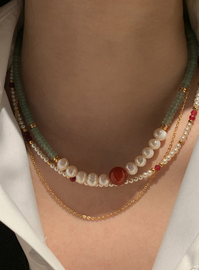 天然玉石红玛瑙串珠项链女