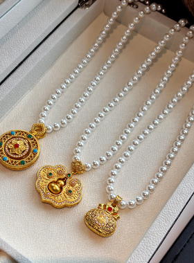 不掉色古法沙金珍珠项链女