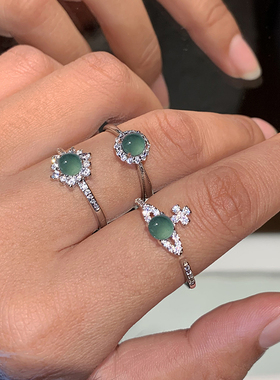 S925纯银天然翡翠玉石开口戒