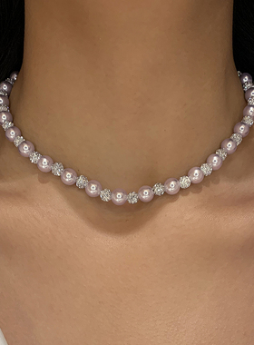 玫瑰紫珍珠锆石项链女