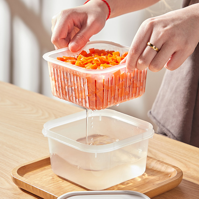 厨房冰箱方形小号双层沥水篮洗菜篮葱姜蒜收纳盒水果蔬菜保鲜盒,淘宝优惠券,粉丝福利购,淘宝优惠卷