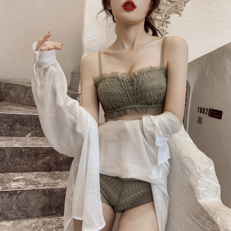 荷韵阁旗舰店抹胸式内衣荷韵阁性感蕾丝小胸聚拢少女舒适无钢圈上托薄文胸套装3