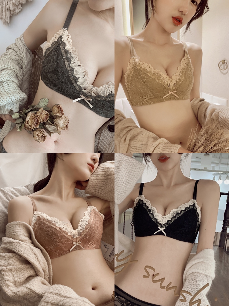 荷韵阁旗舰店内衣女小胸聚拢蕾丝薄款性感上托防滑收副乳调整型无钢圈文胸套装1