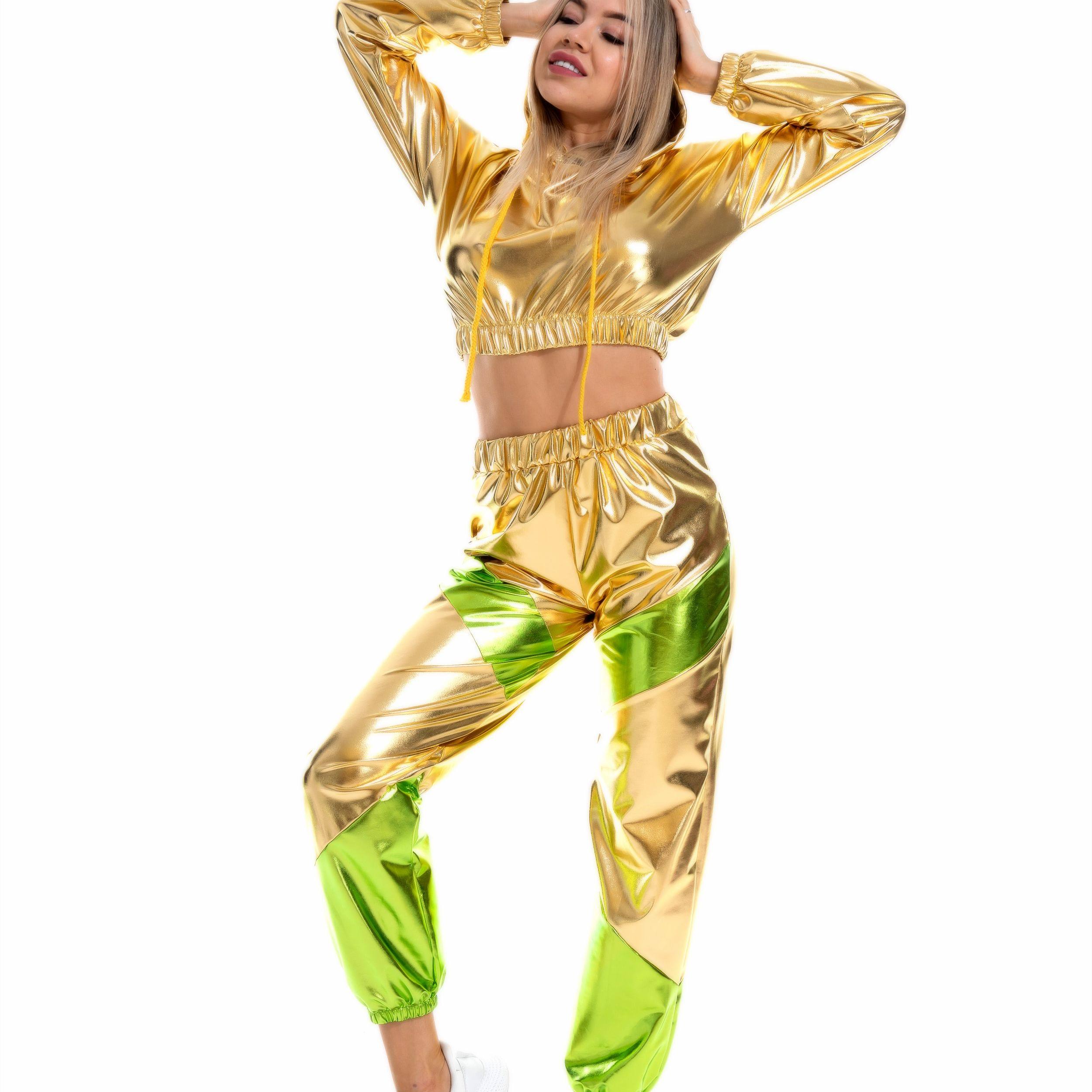 炫彩镭射街舞爵士舞演出服银色露脐连帽长袖卫衣撞色长裤两件套装,淘宝优惠券,粉丝福利购,淘宝优惠卷