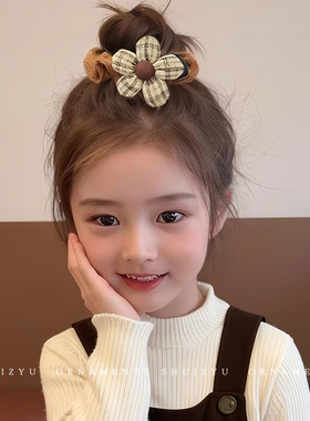 格纹花朵大肠发圈女儿童扎头发