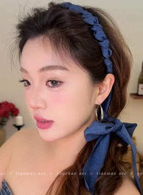 蓝色牛仔布飘带发箍女