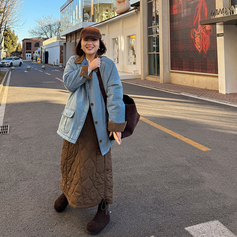 胖mm冬季复古工装棉服木子理想大码女装中长款水洗做旧口袋棉外套,淘宝优惠券,粉丝福利购,淘宝优惠卷