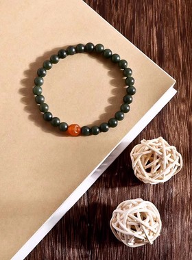 塔青一细圆珠手串和田玉佛公手链