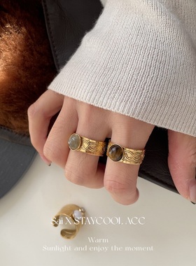 窄款闪光石钛钢复古做旧女士戒指高级感北欧风轻奢虎眼石开口指环