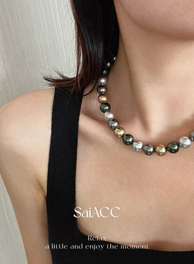 倪妮同款10mm美拉德小莫兰迪混彩施家珍珠项链女高级感毛衣链42CM