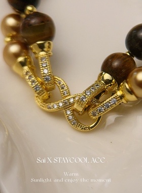 秋冬美拉德虎眼石摩卡金棕色串珠项链女士双层毛衣链可拆卸