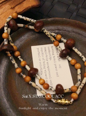 芭比木沉香斑点石串珠复古项链女士锁骨链波嬉风中古北欧风