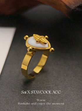 白色天然石钛钢戒指中古董风复古指环女士高级感北欧轻奢百搭