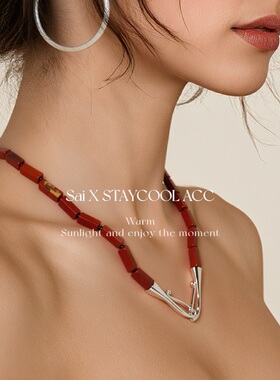 简约方形柱子手工串珠天然红纹石银色扣项链女士高级感设计42cm