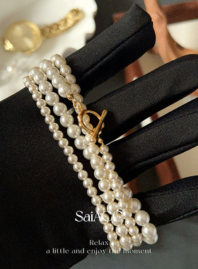 叠戴施家珍珠项链女士110cm大小珍珠法式小香风长款毛衣链OT扣