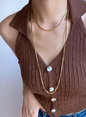 18K金方蛇骨链ins轻奢钛钢金色长款项链女双层叠戴简约不掉色潮