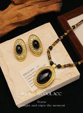 天然椭圆黑玛瑙吊坠项链女士高级感锁骨链复古中古风老钱风