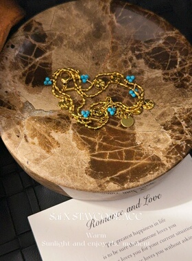 绿松天然石手锤纹圆片串珠项链女士满天星印地安复古锁骨链