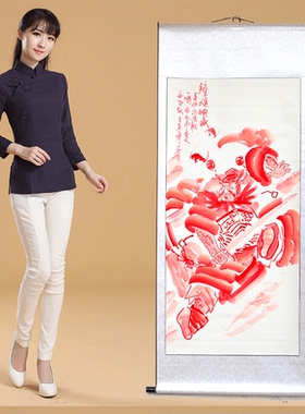 手绘朱砂钟馗招福门神画像挂画客厅过道卧室装饰卷轴国画吉祥画像