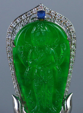 精品高冰种老翡翠观世音佛牌吊坠挂件满绿银包玉千手翠玉项链挂坠