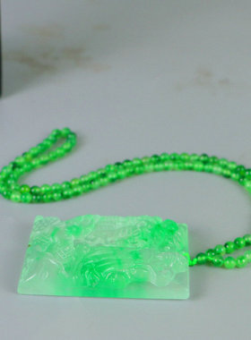 精品高冰种老翡翠财神玉佩吊坠挂件老翠玉飘花男女款百搭项链玉牌