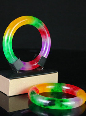 缅甸高冰春彩圆条玉石手镯缅甸冰种翡翠色阳绿紫罗兰女款贵妃手镯