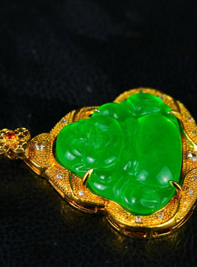 正品缅甸冰种帝王绿龙石种佛公吊坠手工银镶嵌冰透老料满绿弥勒佛