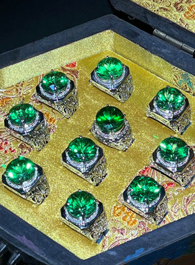 珍品旧藏祖母绿宝石戒指女老水晶宝石钻戒开口银戒指收藏级漆盒装