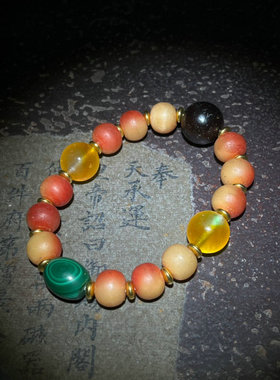 藏传高油老牛骨驼骨圆珠手串手链配玛瑙孔雀石多宝文玩佛珠念珠串