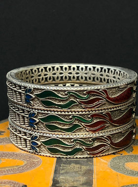 古玩收藏复古银老银烤蓝景泰蓝手镯女苗银藏银民族风手环个性藏品