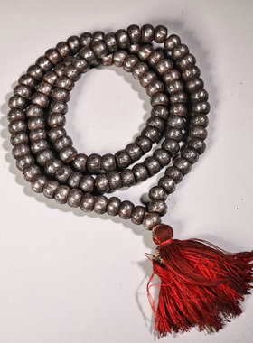 古玩收藏老玄铁打造六字真言桶珠项链藏式手串链文玩男女佛珠颈饰