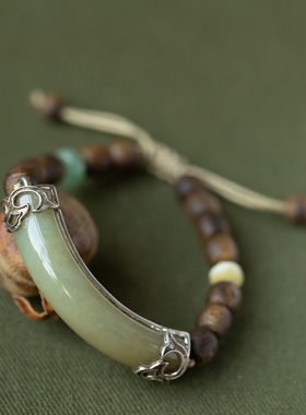泼墨。老银镶嵌老翡翠手镯   配沉香木珠  玲珑秀气  手链手环