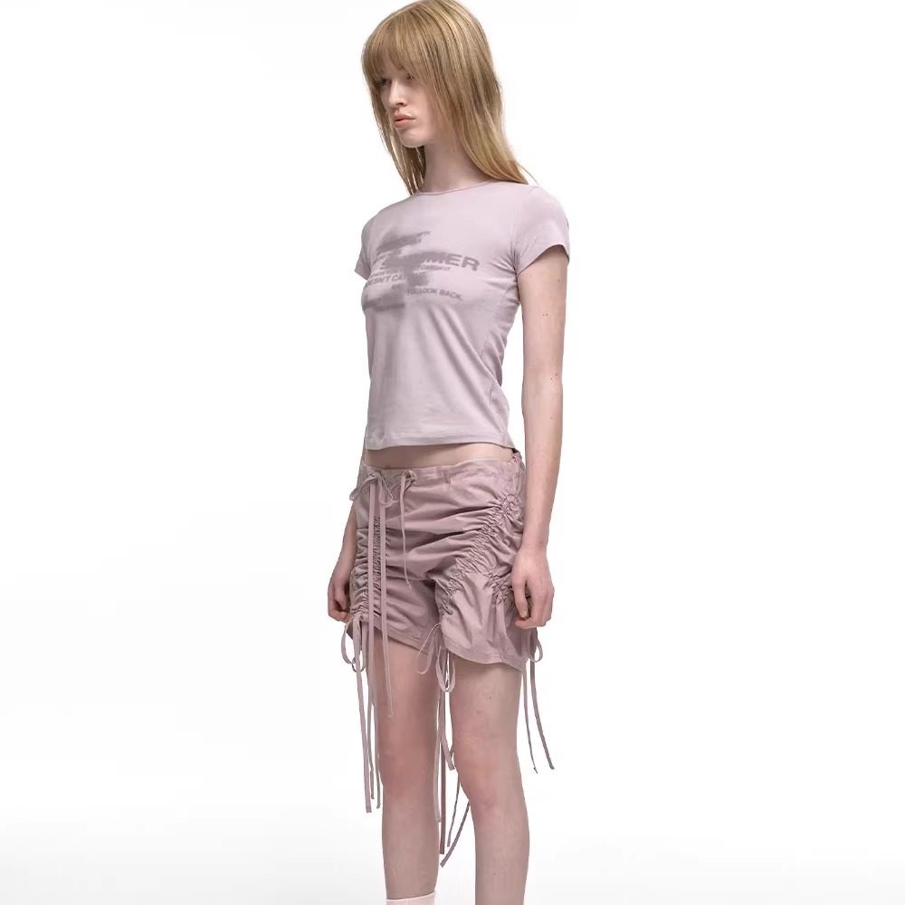 NACHE韩国设计师品牌2026春夏灰粉色系绳抽褶皱短裤子女休闲百搭,淘宝优惠券,粉丝福利购,淘宝优惠卷