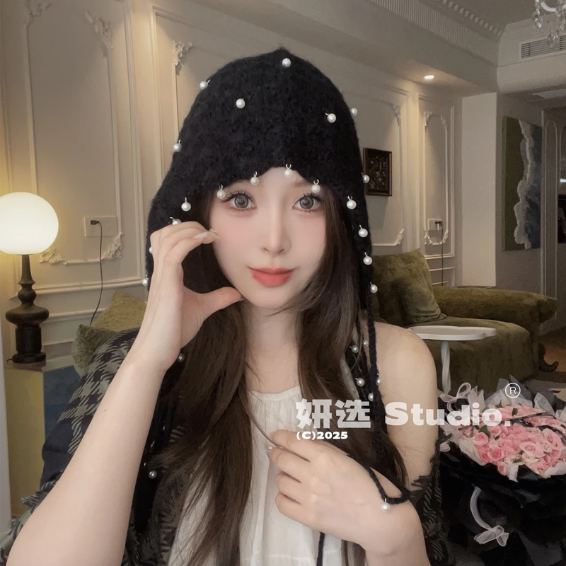2025新款手工编织流苏珍珠包毛线帽百搭显脸小针织包头帽子秋冬潮 - 图3