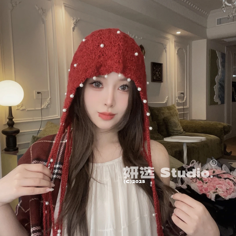 2025新款手工编织流苏珍珠包毛线帽百搭显脸小针织包头帽子秋冬潮 - 图0