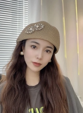 春夏网眼透气遮阳定型贝雷帽女水钻时尚显脸小百搭前进帽画家帽子