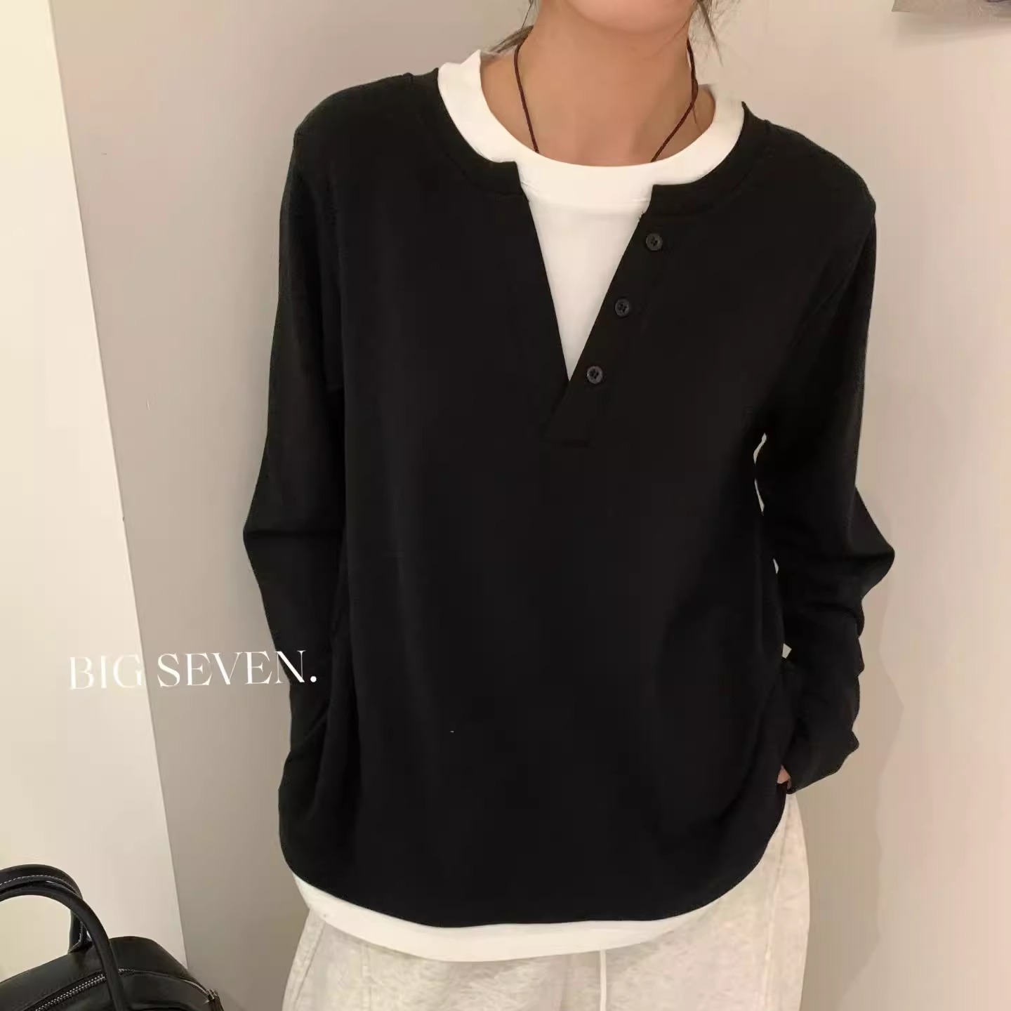 大7女装32663冬季韩版宽松大码胖mm慵懒加绒假两件正肩打底衫T恤 - 图3