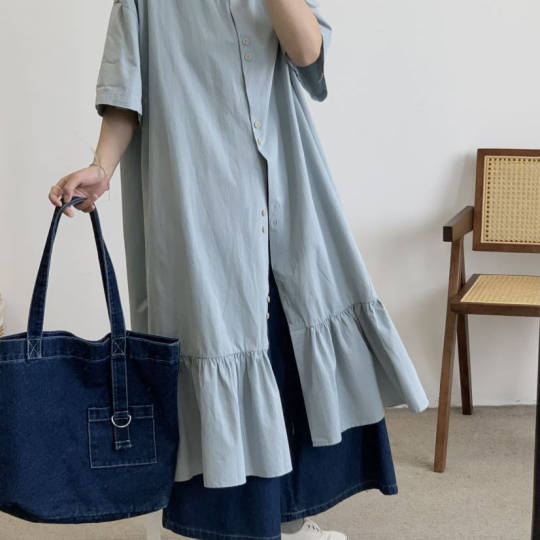 Kitchenchuan 825323 summer loose large size fat mm casual lazy knee long ruffled shirt skirt