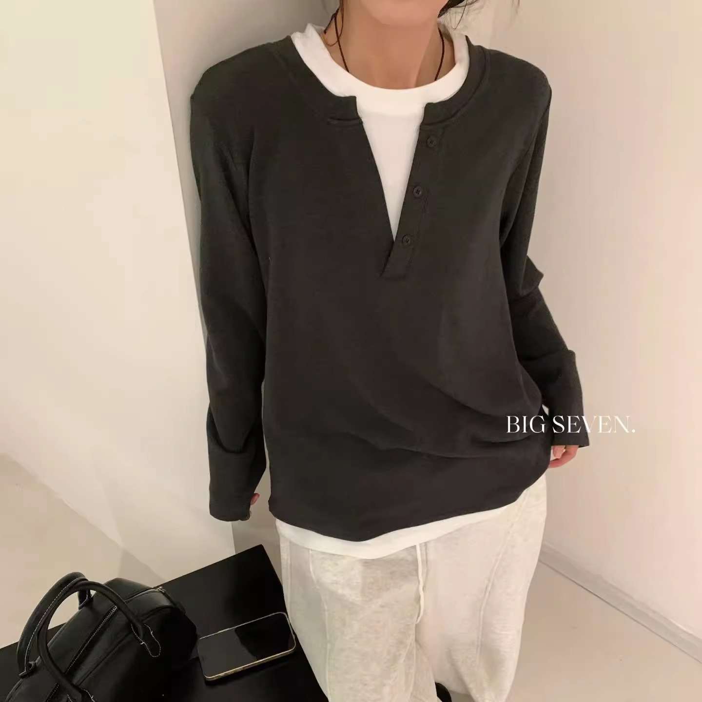 大7女装32663冬季韩版宽松大码胖mm慵懒加绒假两件正肩打底衫T恤 - 图2