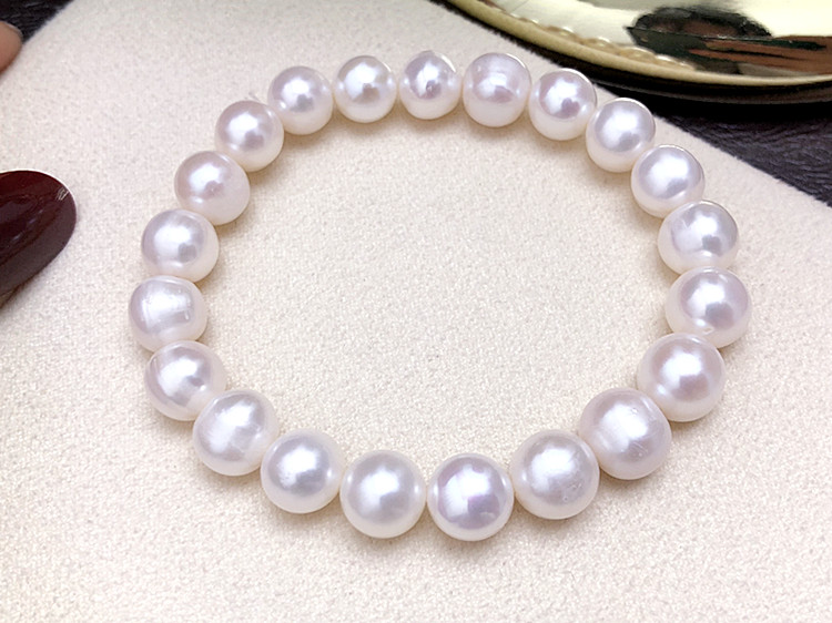 9-10MM天然淡水珍珠手链 弹力真珍珠手镯 近正圆强光网红手串女 - 图0