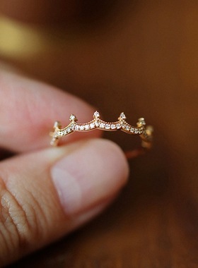 女王加冕~S925纯银镀18K金锆石戒指公主皇冠轻奢小众日系指环