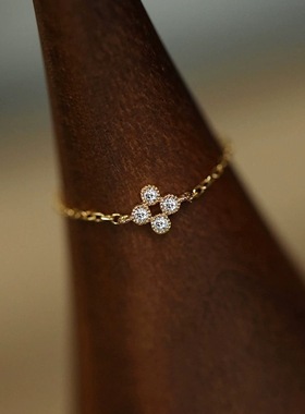 纯银镀14K金迷你可调节戒指女 日系轻奢四叶草镶钻链条戒指