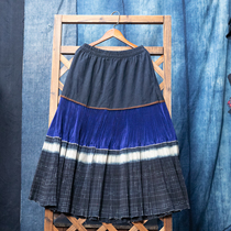 Wax-dyed hemp cloth 100 pleats a word dress tiled waist circumference 71 skirt length 82cm