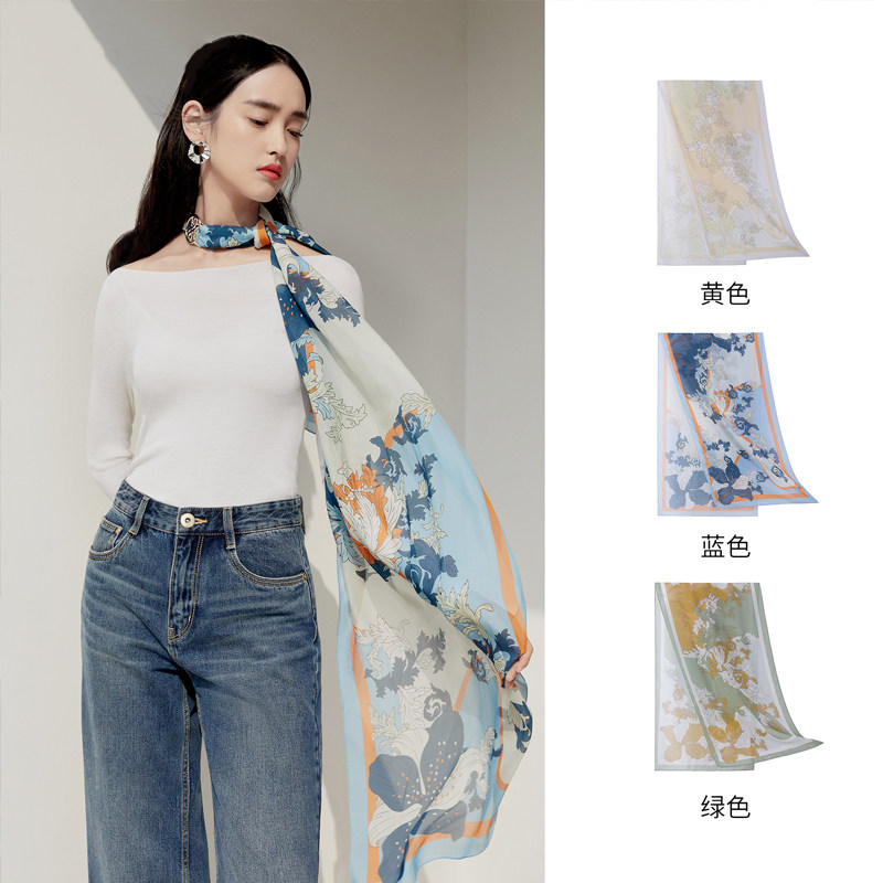 万事利春秋新品真丝丝巾雪纺长巾妈妈礼物围巾桑蚕丝披肩女