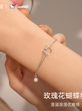 潮色绘HelloKitty925银玫瑰手链女款纯银轻奢小众设计圣诞节礼物