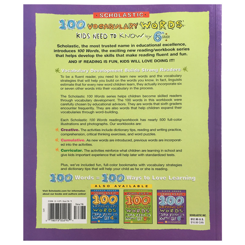 英文原版100 WORDS Vocabulary Words Kids Need to Know by 6th Grade一百个孩子需要认识的单词练习册:6年级 辅导课外作业8-12岁