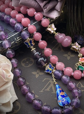 中古Vintage 简约时尚复古老琉璃珠子配小葫芦搭配水滴形坠饰项链