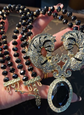 中古Vintage 原创设计时尚双马头黑色大宝石双层坠饰项链