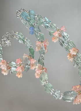 海蓝宝琉璃花朵项链手链套装