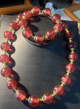 中古Vintage复古时尚经典大气时尚简约金红老琉璃套装项链手链